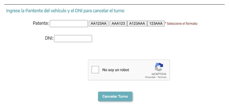 Pantalla para cancelar el turno de la VTV en Villa Gesell con patente y DNI