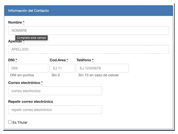 Paso 2 para sacar turno de la VTV en Villa Gesell: información del contacto